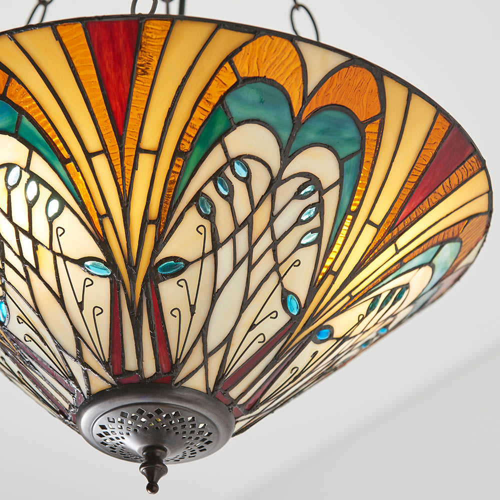 Interiors 1900 Hector Medium Inverted 3 Light Pendant - Handcrafted Tiffany Style Glass