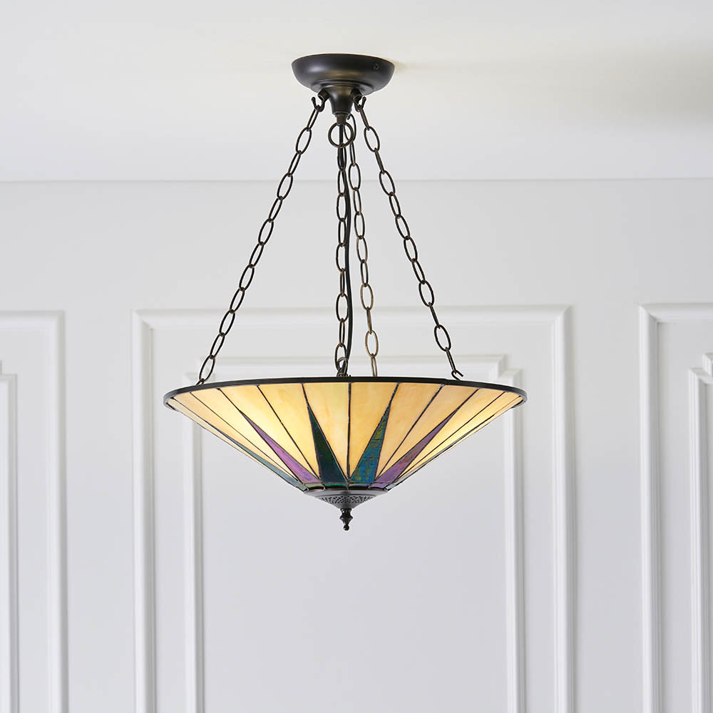 Interiors 1900 Dark Star Large Inverted 3 Light Pendant - Handcrafted Tiffany Style Glass