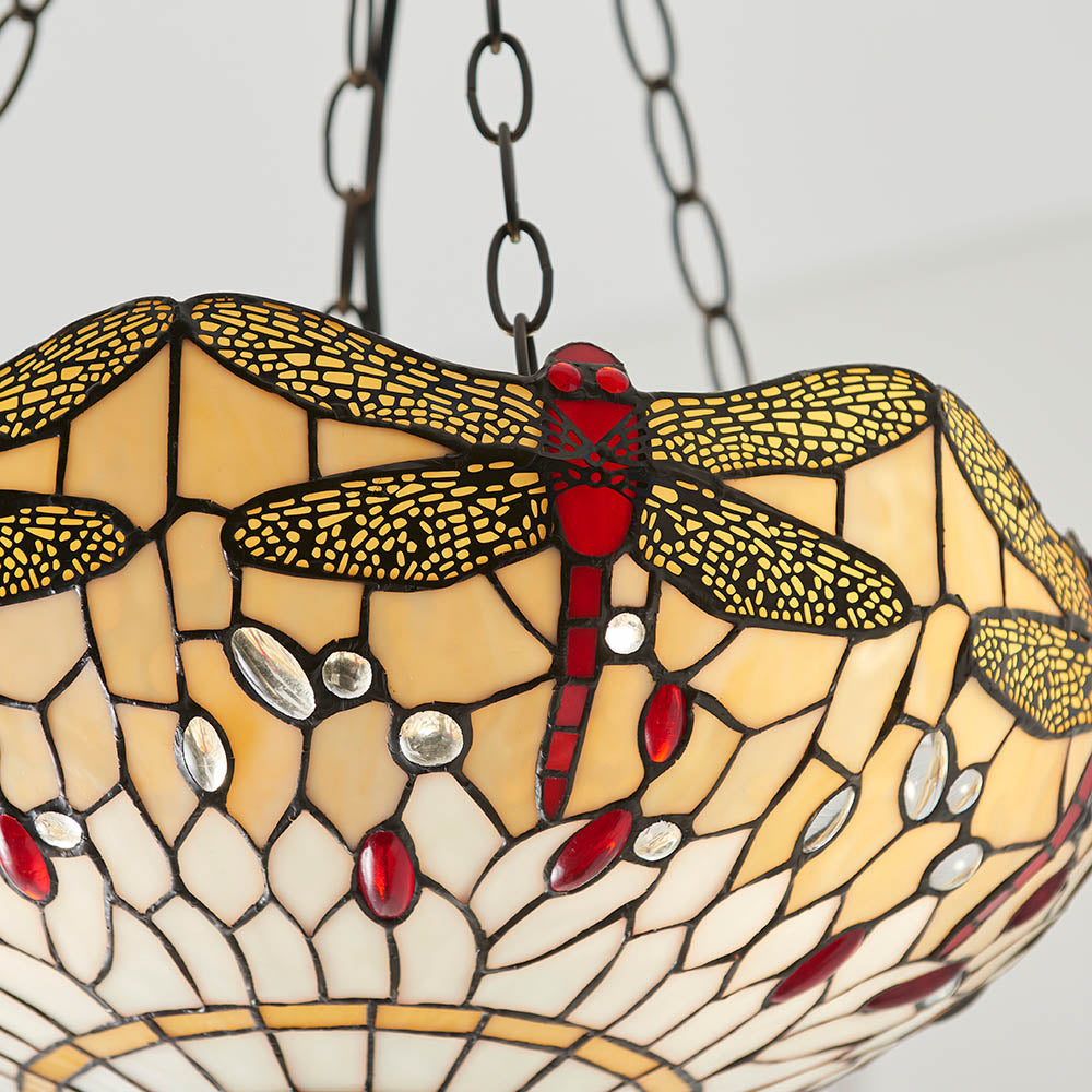 Interiors 1900 Dragonfly Beige Medium Inverted 3 Light Pendant - Tiffany Glass