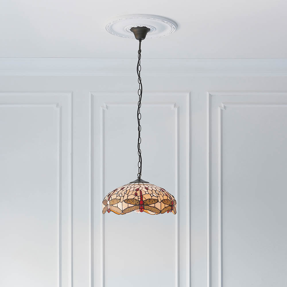 Interiors 1900 Dragonfly Beige Medium 3 Light Pendant - Handcrafted Tiffany Style Glass