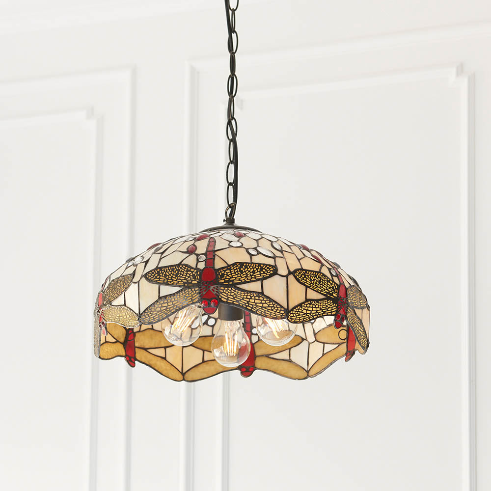 Interiors 1900 Dragonfly Beige Medium 3 Light Pendant - Handcrafted Tiffany Style Glass