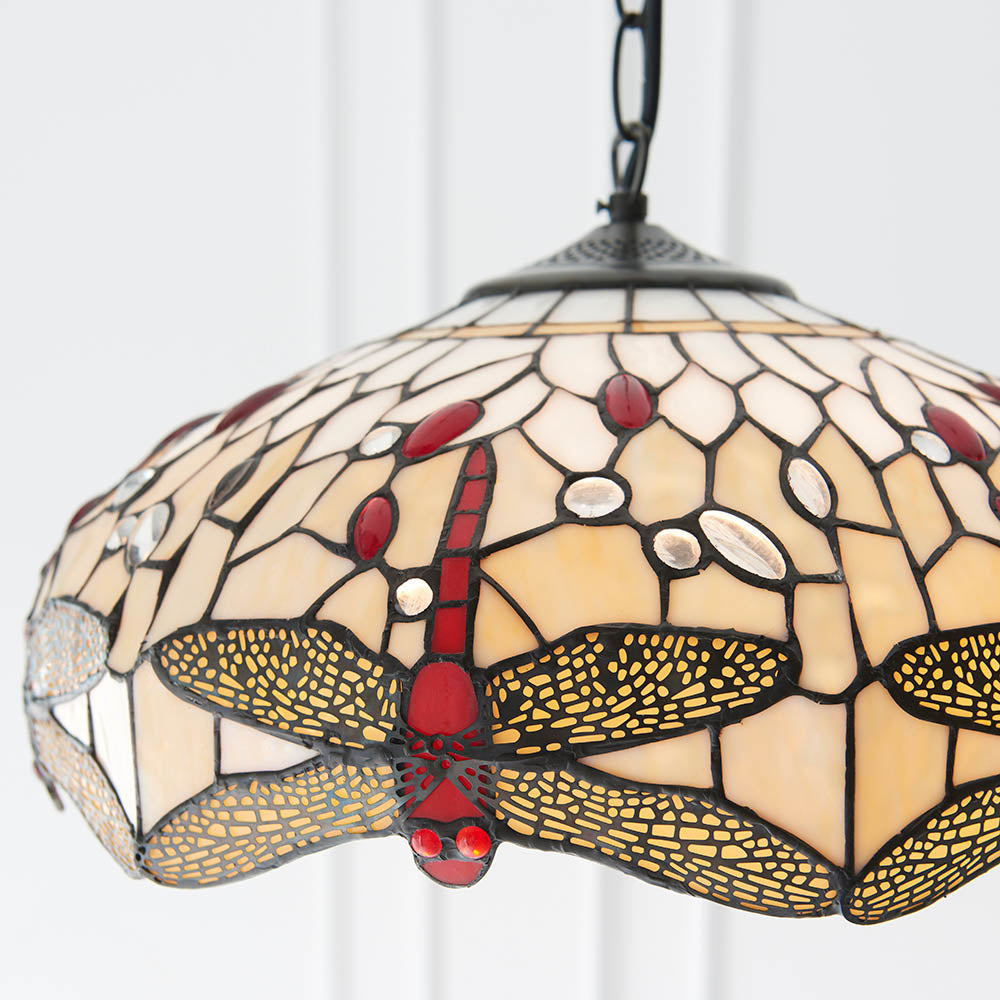 Interiors 1900 Dragonfly Beige Medium 3 Light Pendant - Handcrafted Tiffany Style Glass