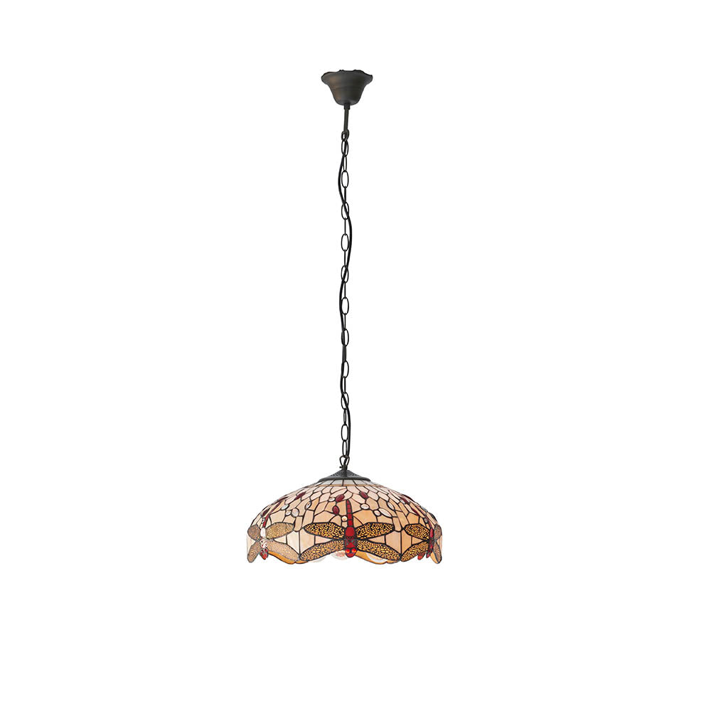 Interiors 1900 Dragonfly Beige Medium 3 Light Pendant - Handcrafted Tiffany Style Glass