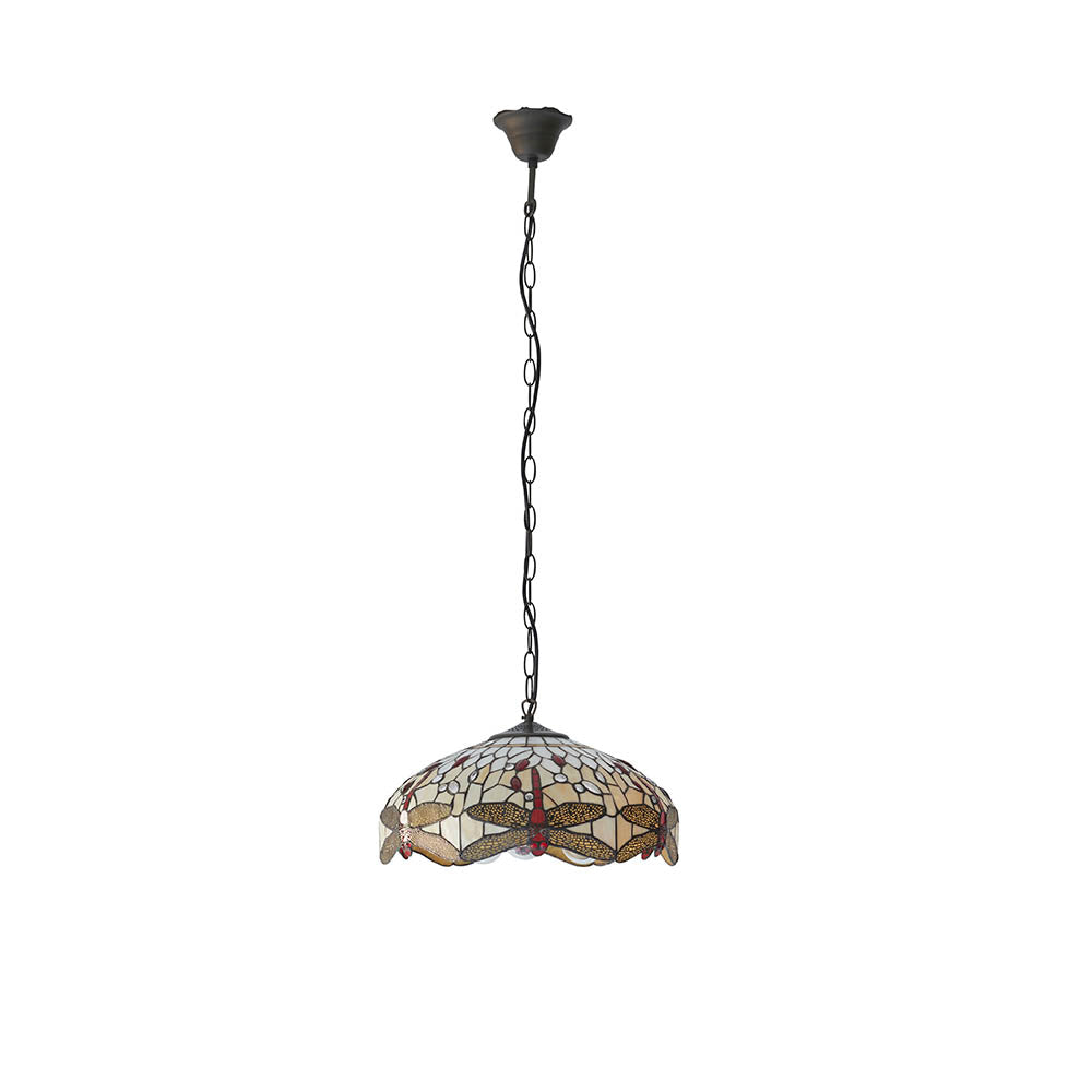 Interiors 1900 Dragonfly Beige Medium 3 Light Pendant - Handcrafted Tiffany Style Glass