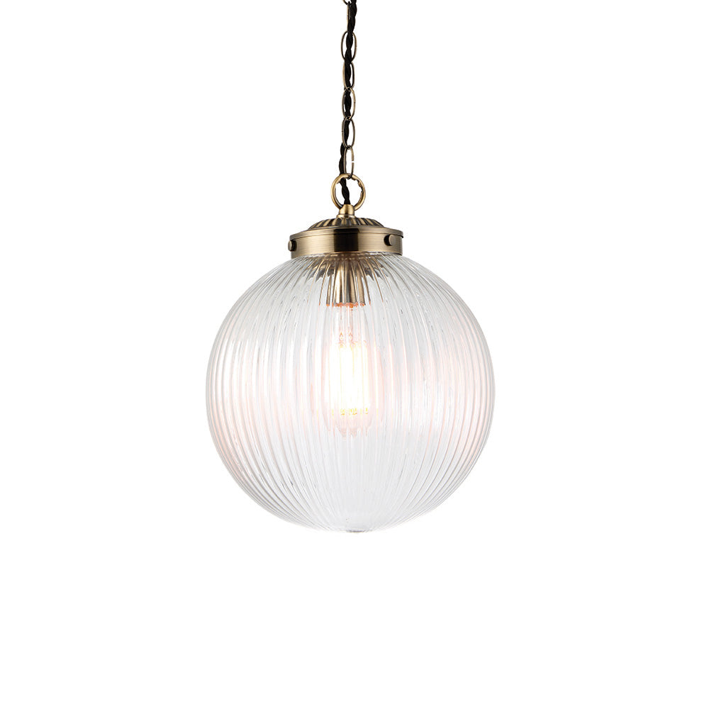 Endon Brydon Single Light Pendant 250mm - Antique Brass Plate & Clear Ribbed Glass