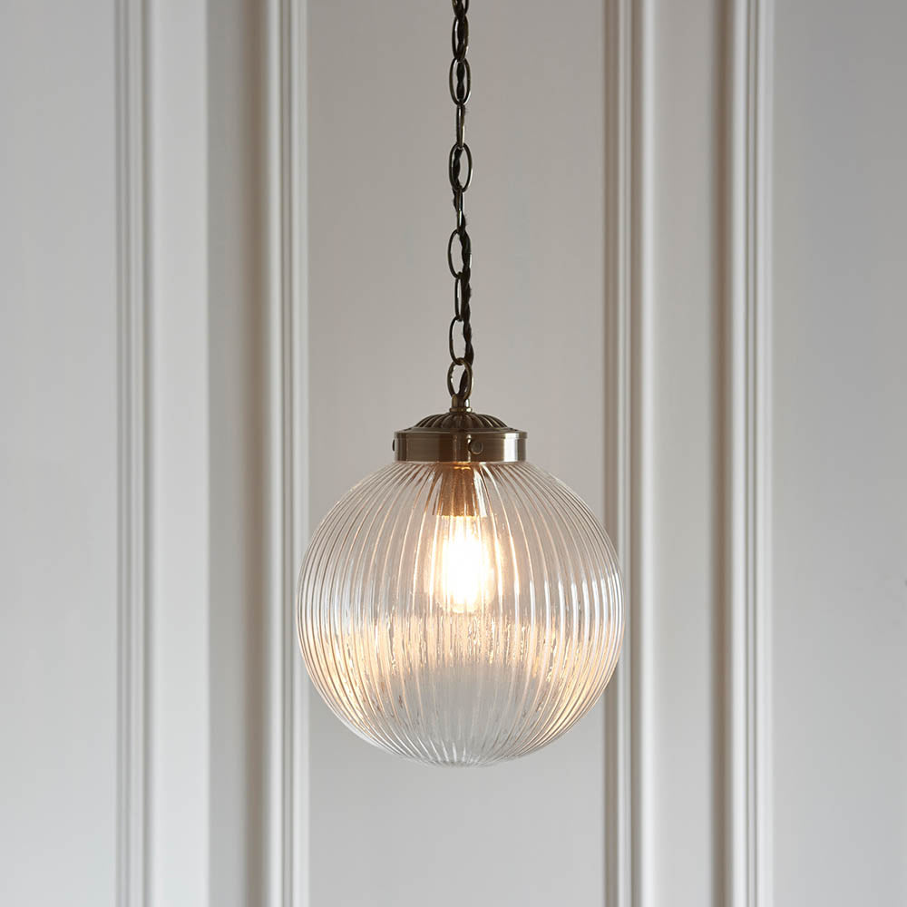Endon Brydon Single Light Pendant 250mm - Antique Brass Plate & Clear Ribbed Glass