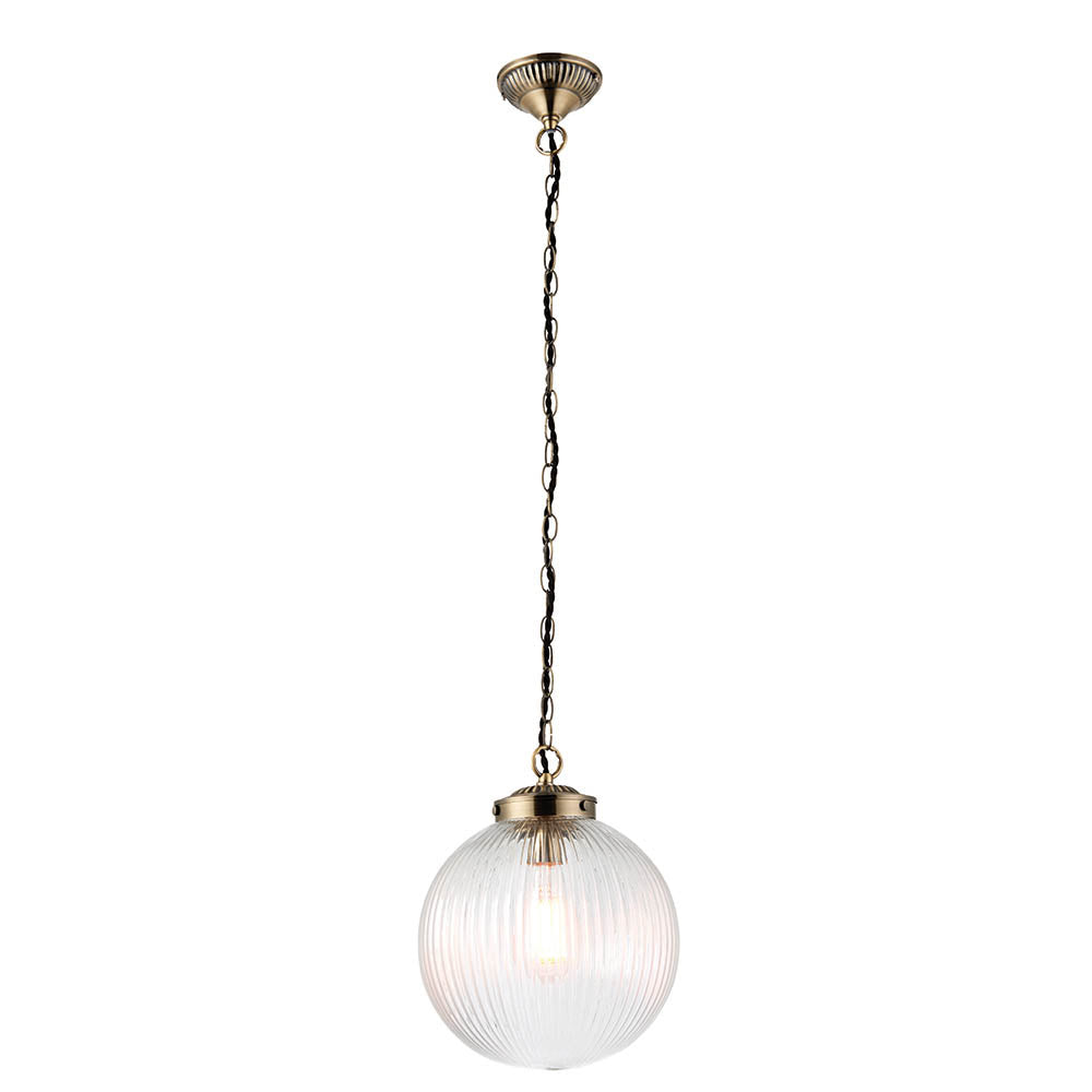 Endon Brydon Single Light Pendant 250mm - Antique Brass Plate & Clear Ribbed Glass