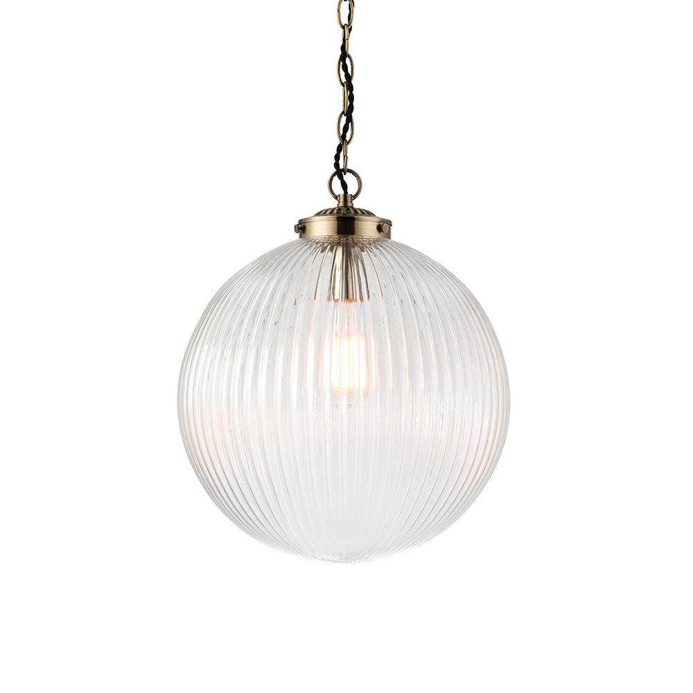 Endon Brydon Single Light Pendant 350mm - Antique Brass Plate & Clear Ribbed Glass