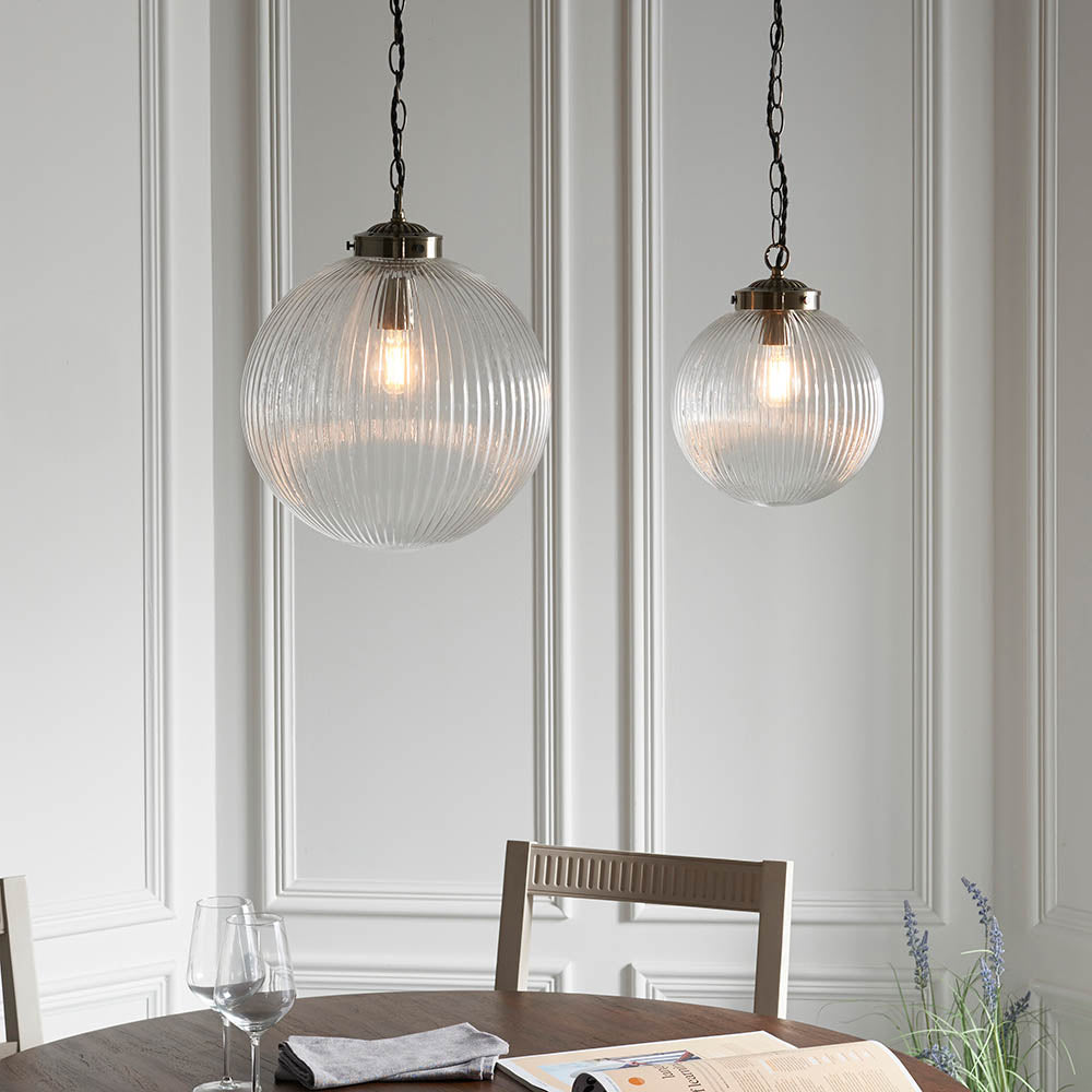 Endon Brydon Single Light Pendant 350mm - Antique Brass Plate & Clear Ribbed Glass