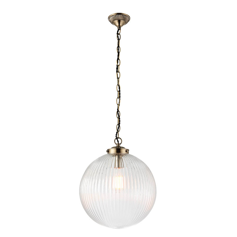 Endon Brydon Single Light Pendant 350mm - Antique Brass Plate & Clear Ribbed Glass