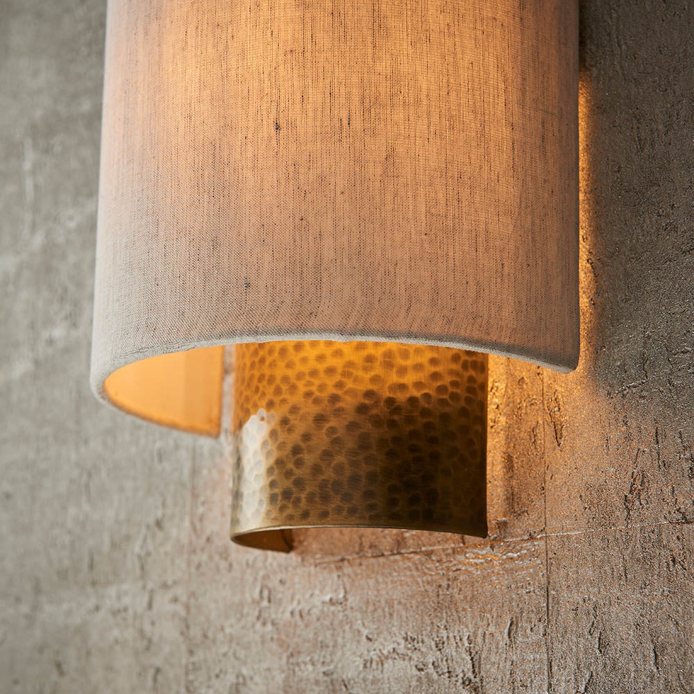 Endon Indara Single Light Wall Light - Hammered Bronze Plate & Neutral Linen Mix Fabric
