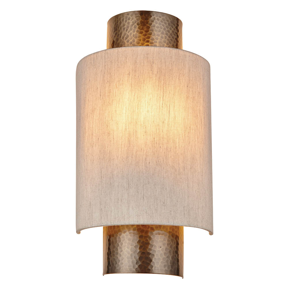 Endon Indara Single Light Wall Light - Hammered Bronze Plate & Neutral Linen Mix Fabric