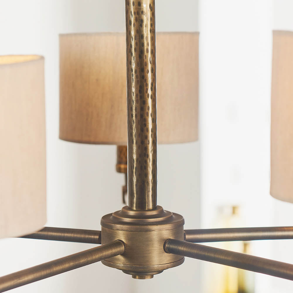 Endon Indara 5 Light Pendant - Hammered Bronze Plate & Neutral Linen Mix Fabric
