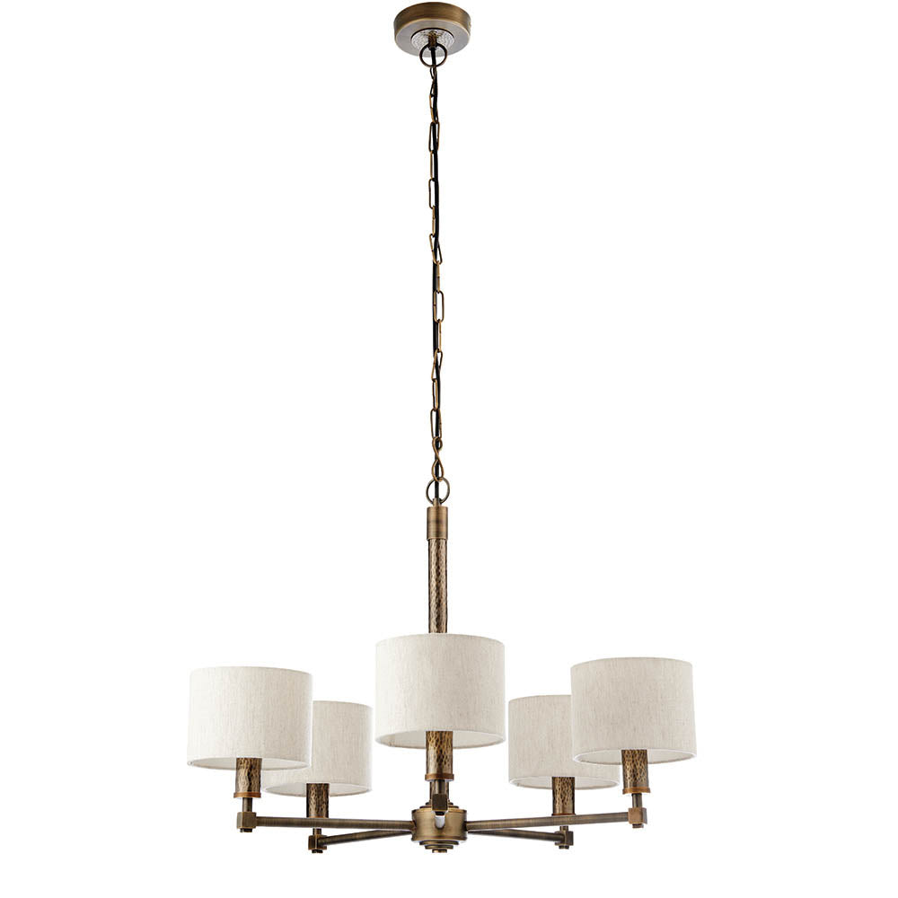 Endon Indara 5 Light Pendant - Hammered Bronze Plate & Neutral Linen Mix Fabric