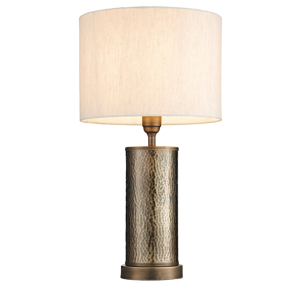 Endon Indara Single Light Table Lamp - Hammered Bronze Plate & Neutral Linen Mix Fabric