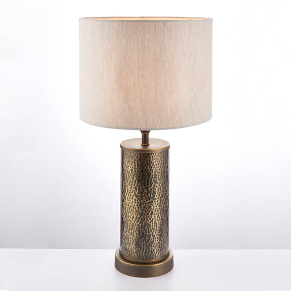 Endon Indara Single Light Table Lamp - Hammered Bronze Plate & Neutral Linen Mix Fabric