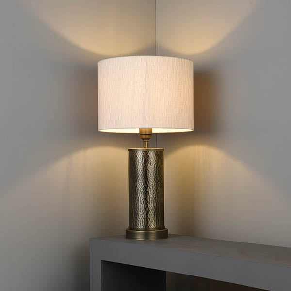Endon Indara Single Light Table Lamp - Hammered Bronze Plate & Neutral Linen Mix Fabric