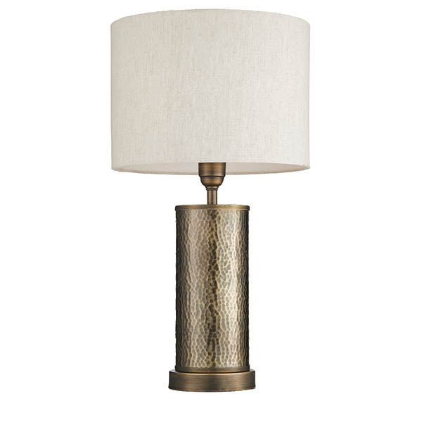 Endon Indara Single Light Table Lamp - Hammered Bronze Plate & Neutral Linen Mix Fabric