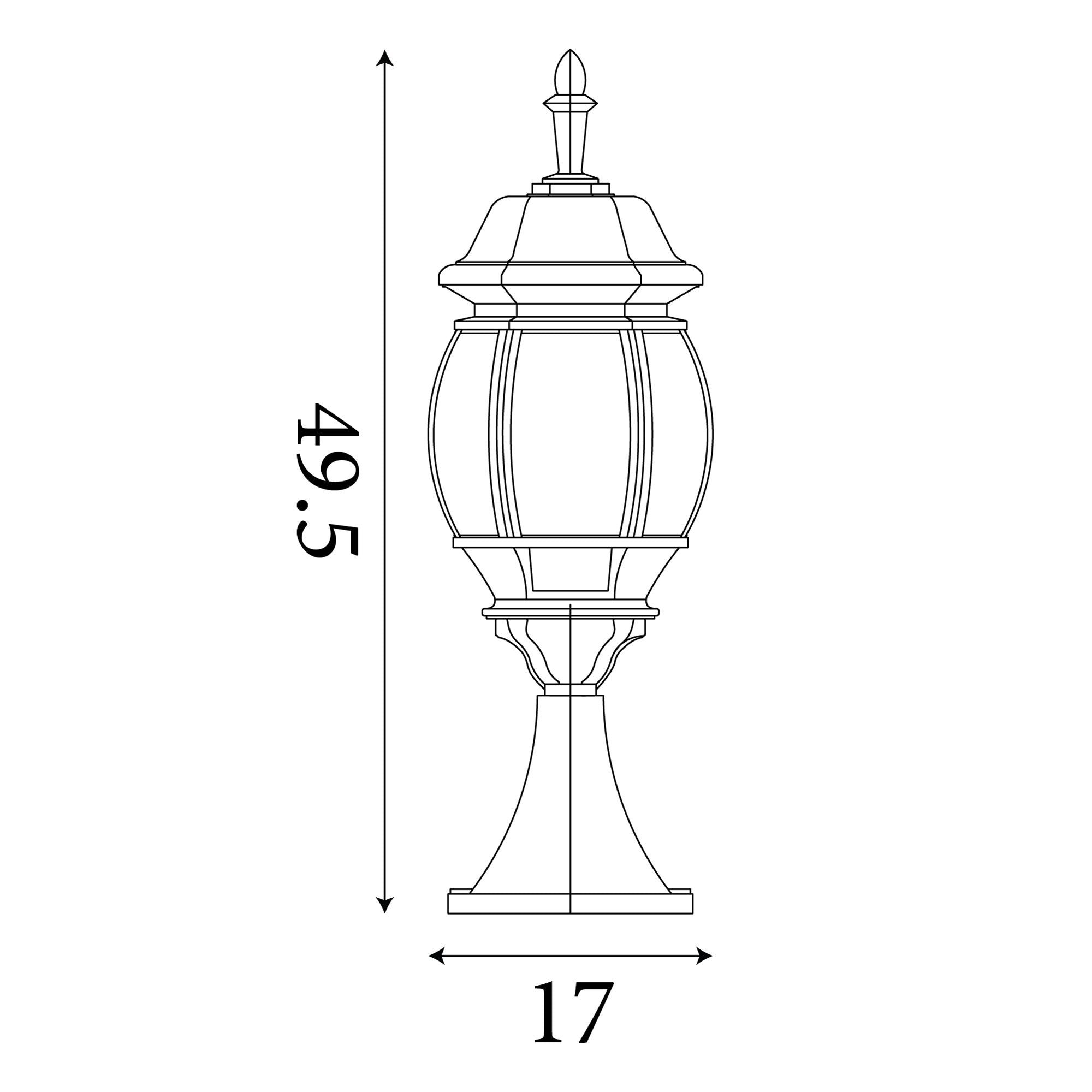 Line drawing of the Bel Aire Outdoor Post 500mm showing dimensions: 49.5cm height, 17cm width