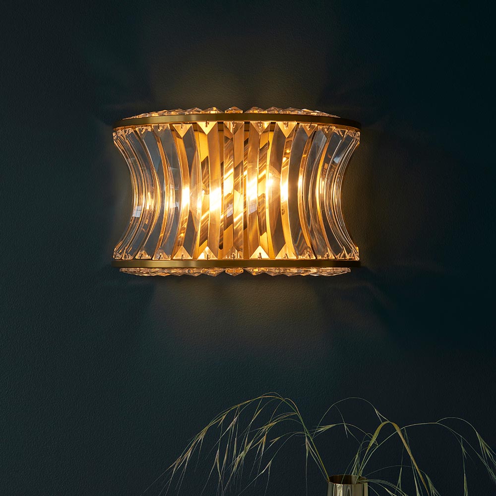 Utopia Bow 2 Light Wall Light - Warm Brass Plate with Crystal & Clear Glass