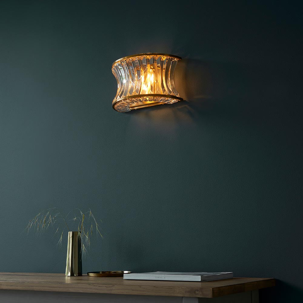 Utopia Bow 2 Light Wall Light - Warm Brass Plate with Crystal & Clear Glass
