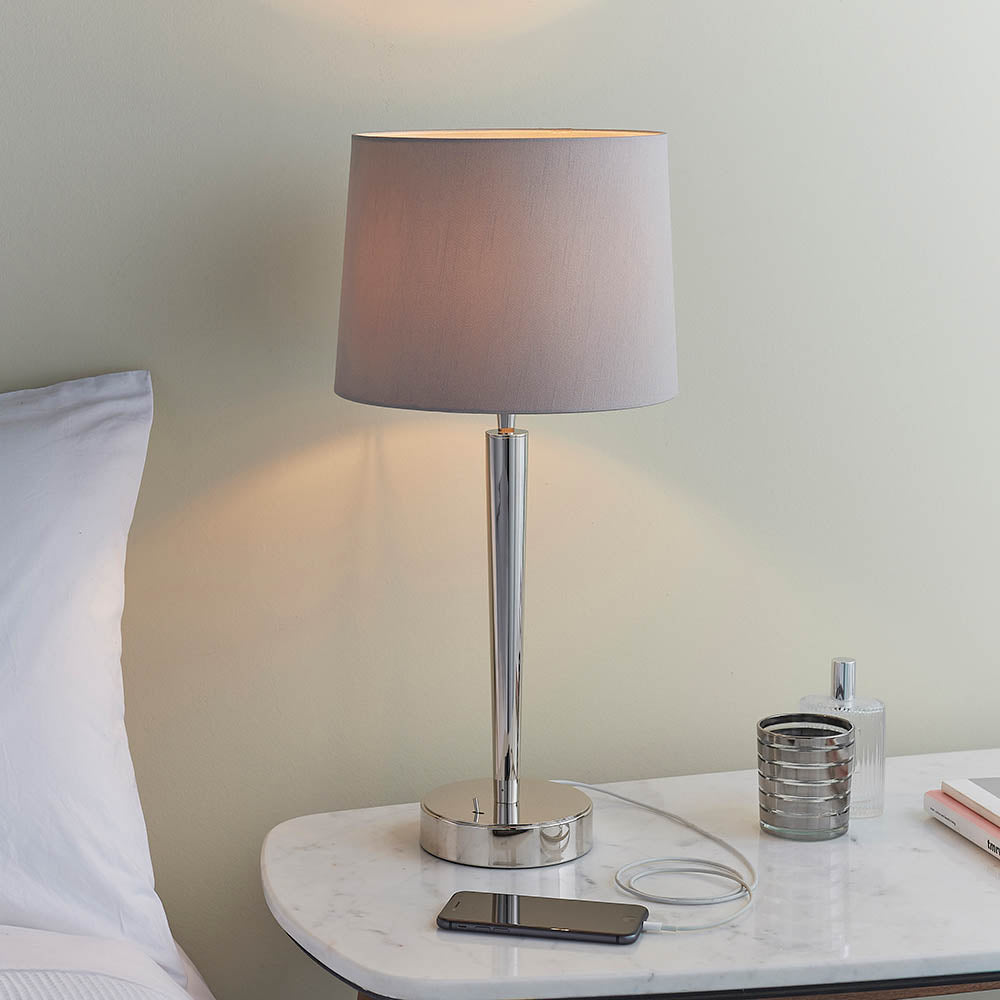 Endon Syon Single Light USB Table Lamp - Bright Nickel Plate & Mink Fabric