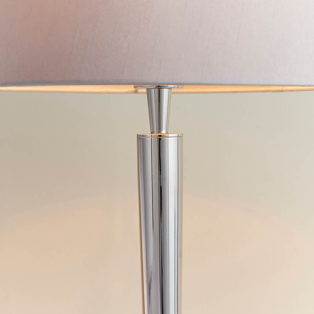 Endon Syon Single Light USB Table Lamp - Bright Nickel Plate & Mink Fabric