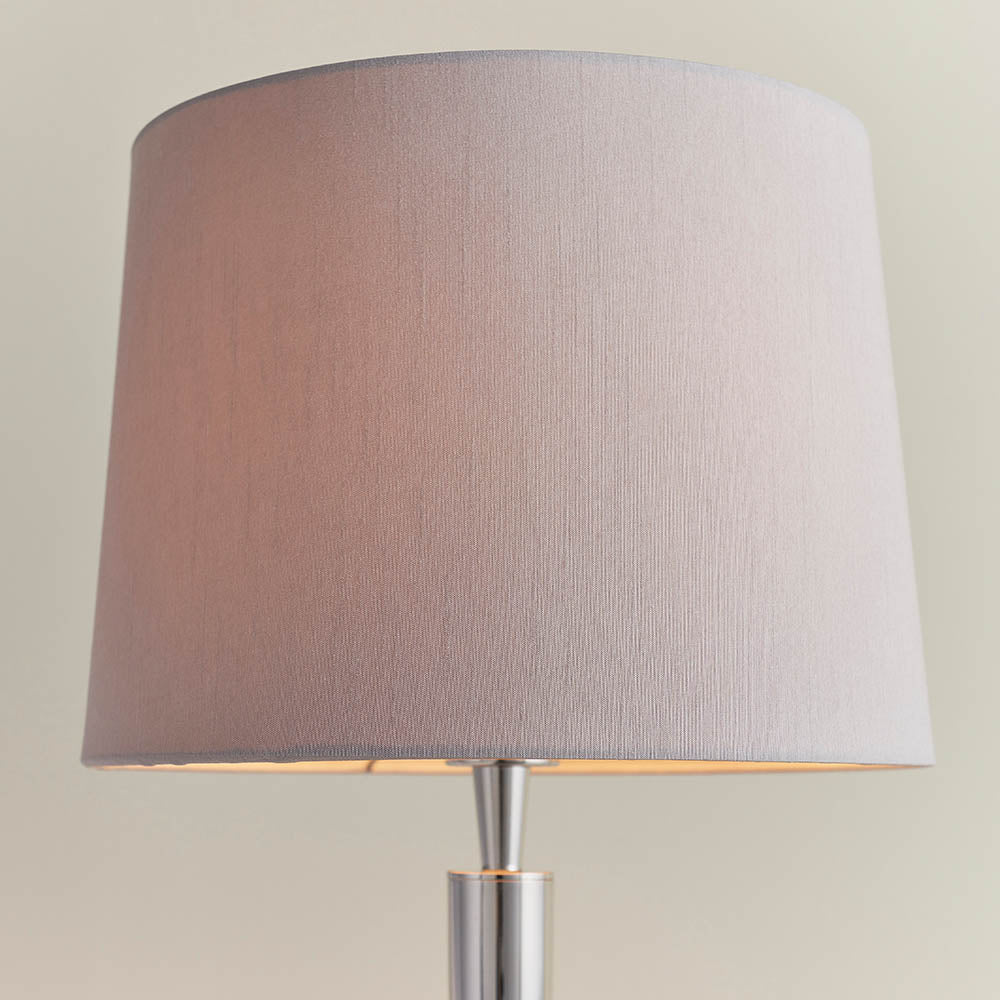 Endon Syon Single Light USB Table Lamp - Bright Nickel Plate & Mink Fabric