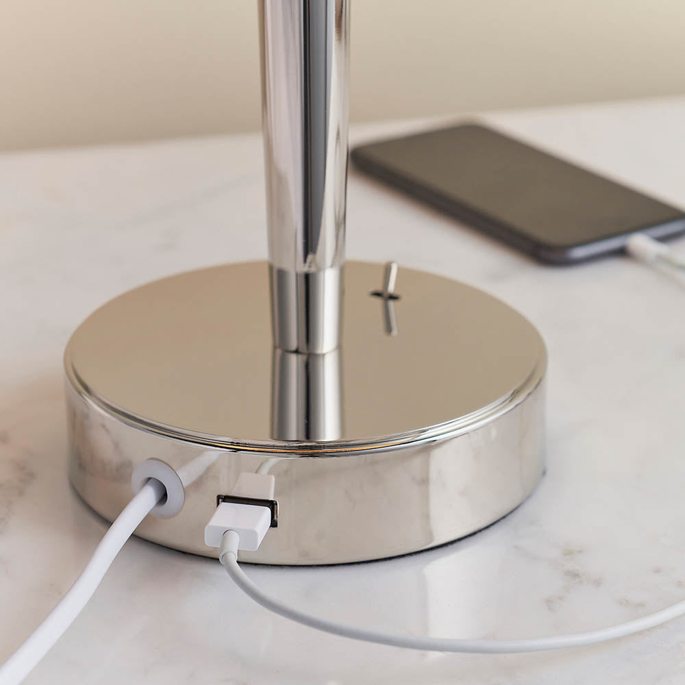 Endon Syon Single Light USB Table Lamp - Bright Nickel Plate & Mink Fabric