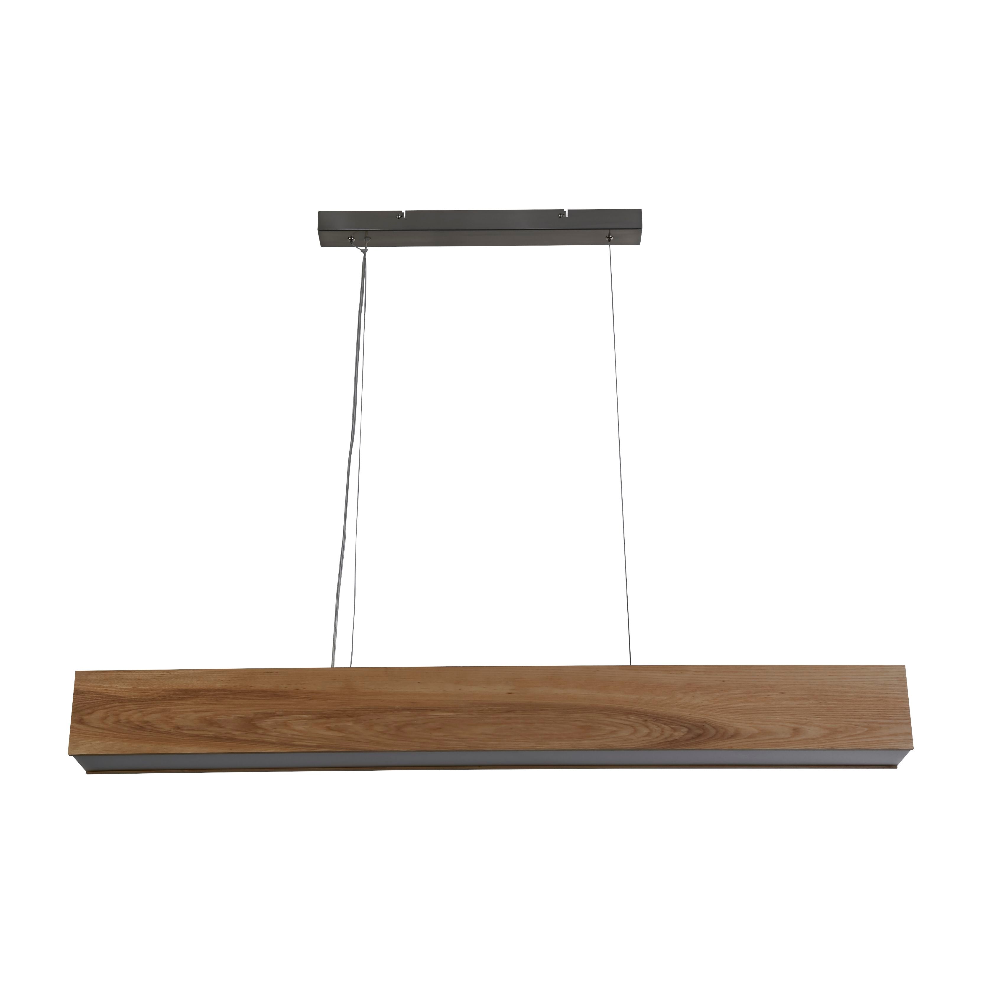 Searchlight Ash wood LED bar pendant, straight on studio shot showing the wood grain casing and the grey LED diffuser strip, no plant styling