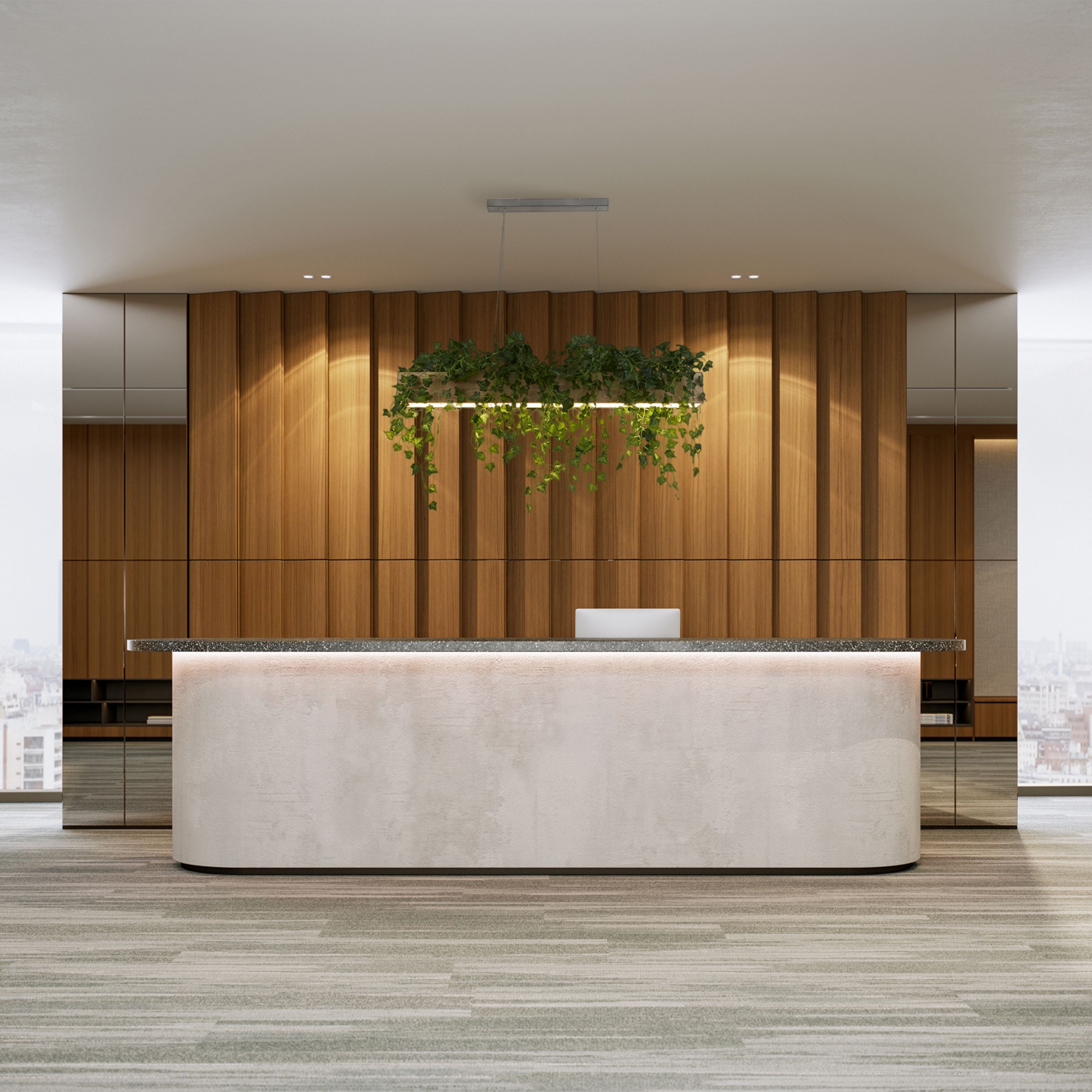 Searchlight Ash wood LED bar pendant styled with trailing ivy above a stone topped reception desk in a wood panelled room