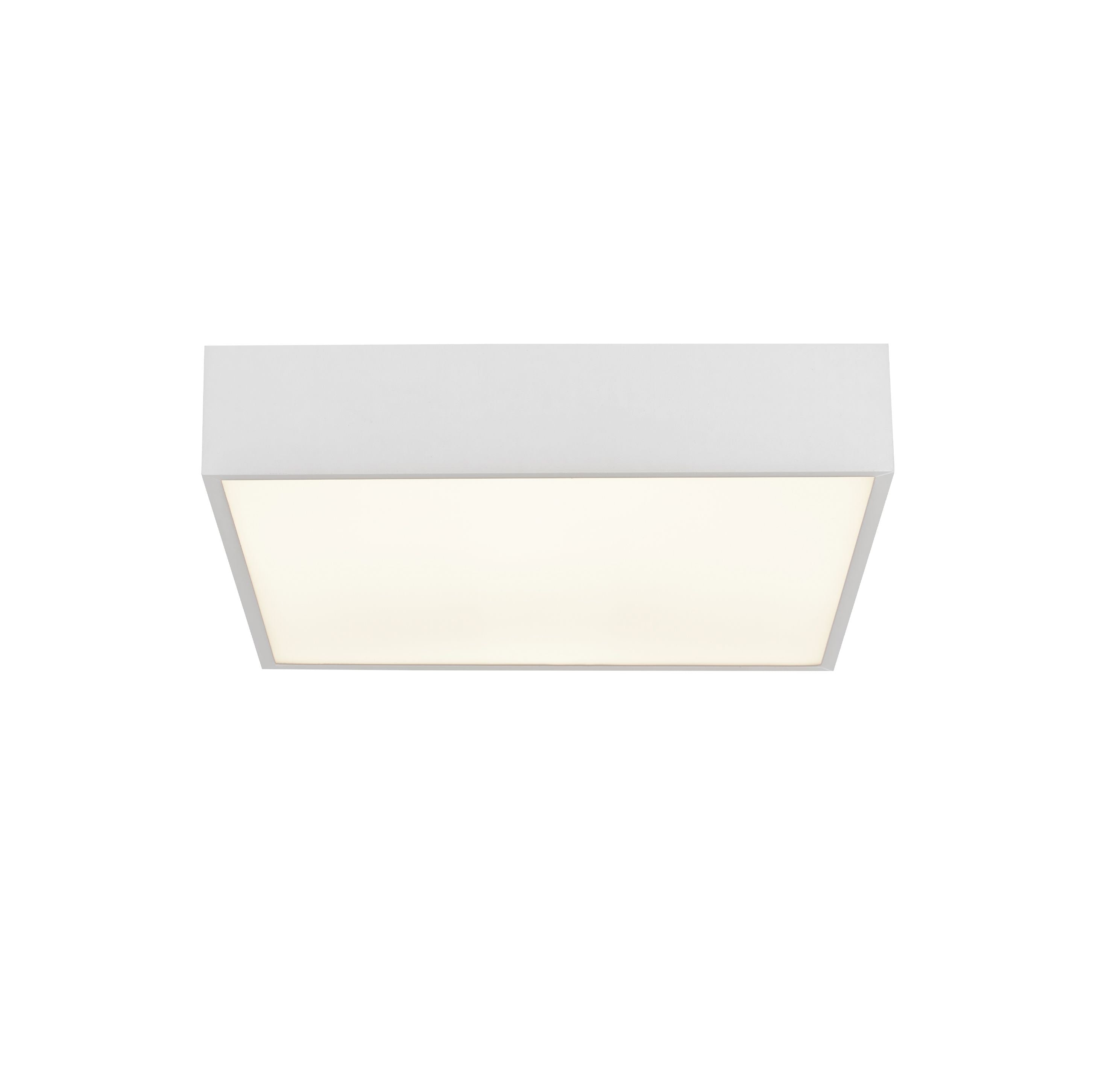 Searchlight Zeus square flush ceiling light in white metal with an opal diffuser panel, lit, angled studio shot