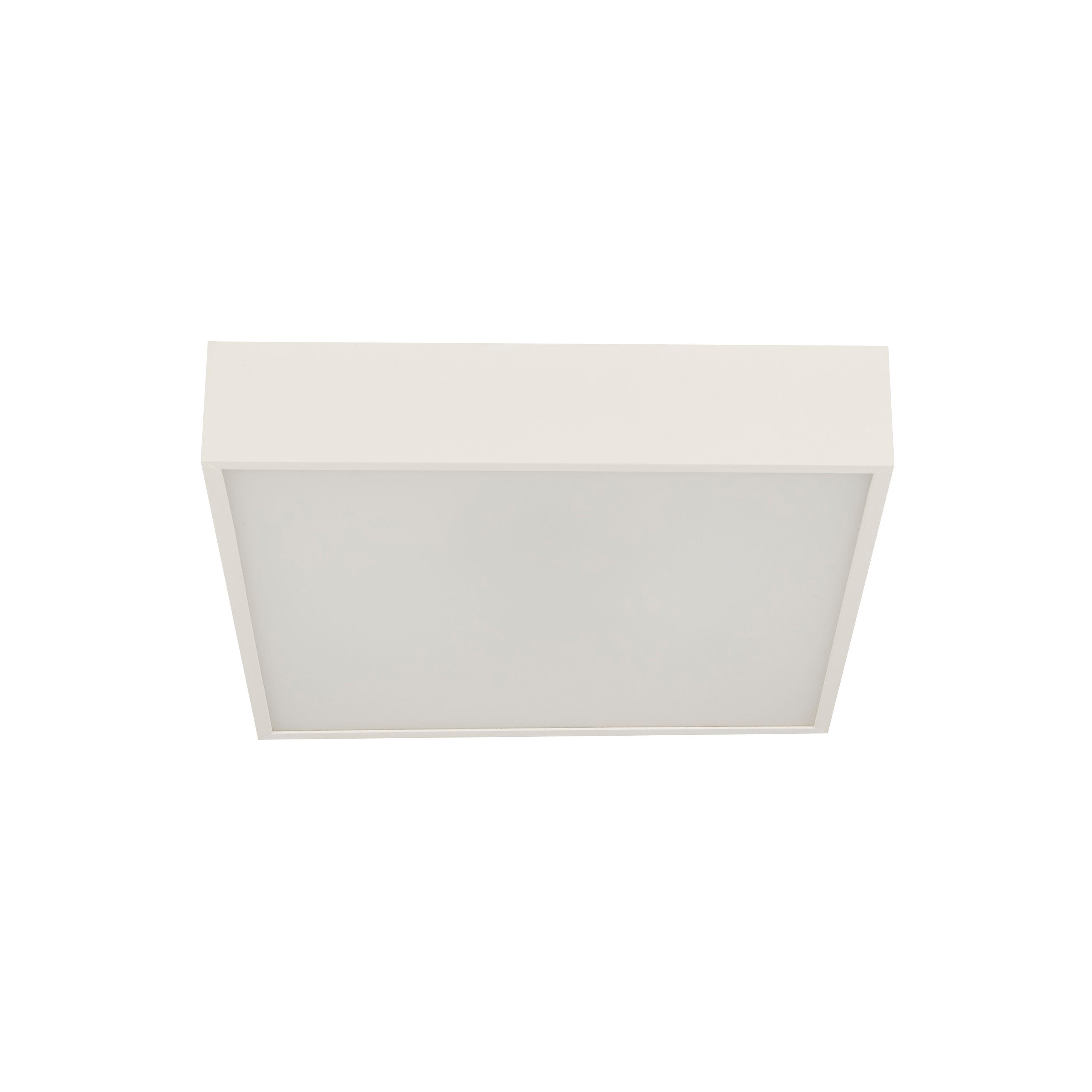 Searchlight Zeus square flush ceiling light in white metal with an opal diffuser panel, lit, angled studio shot from the side