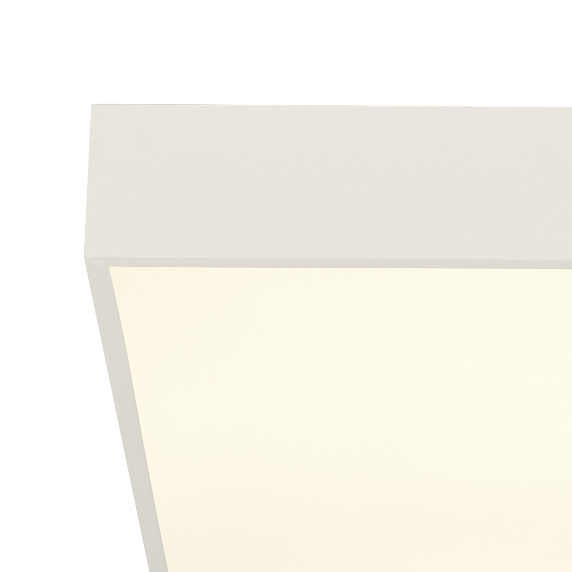 Close up of the corner of the Searchlight Zeus flush ceiling light showing the white metal frame and opal diffuser panel