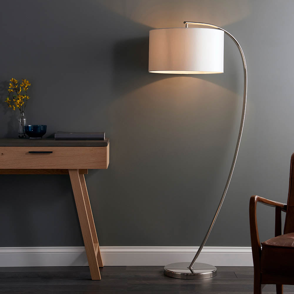 Endon Josephine Single Light Floor Lamp - Bright Nickel Plate & Vintage White Fabric