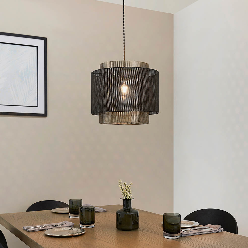 Endon Plexus Single Light Pendant Shade 250mm - Matt Black & Antique Brass Plate - Shade Only