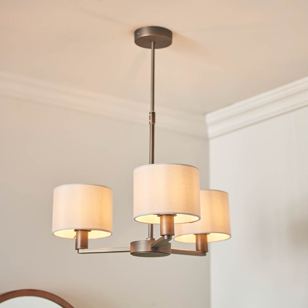 Endon Daley 3 Light Arm Pendant - Antique Bronze Plate & Marble Fabric