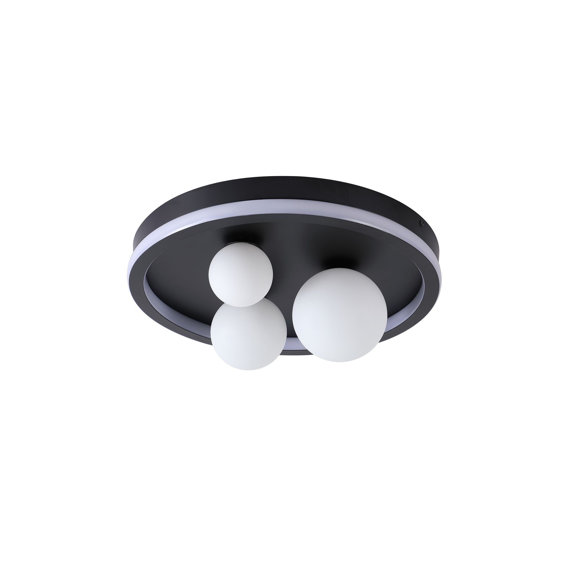 Searchlight Trident LED flush ceiling light in black, alternate angled studio shot of the ring and glass globes