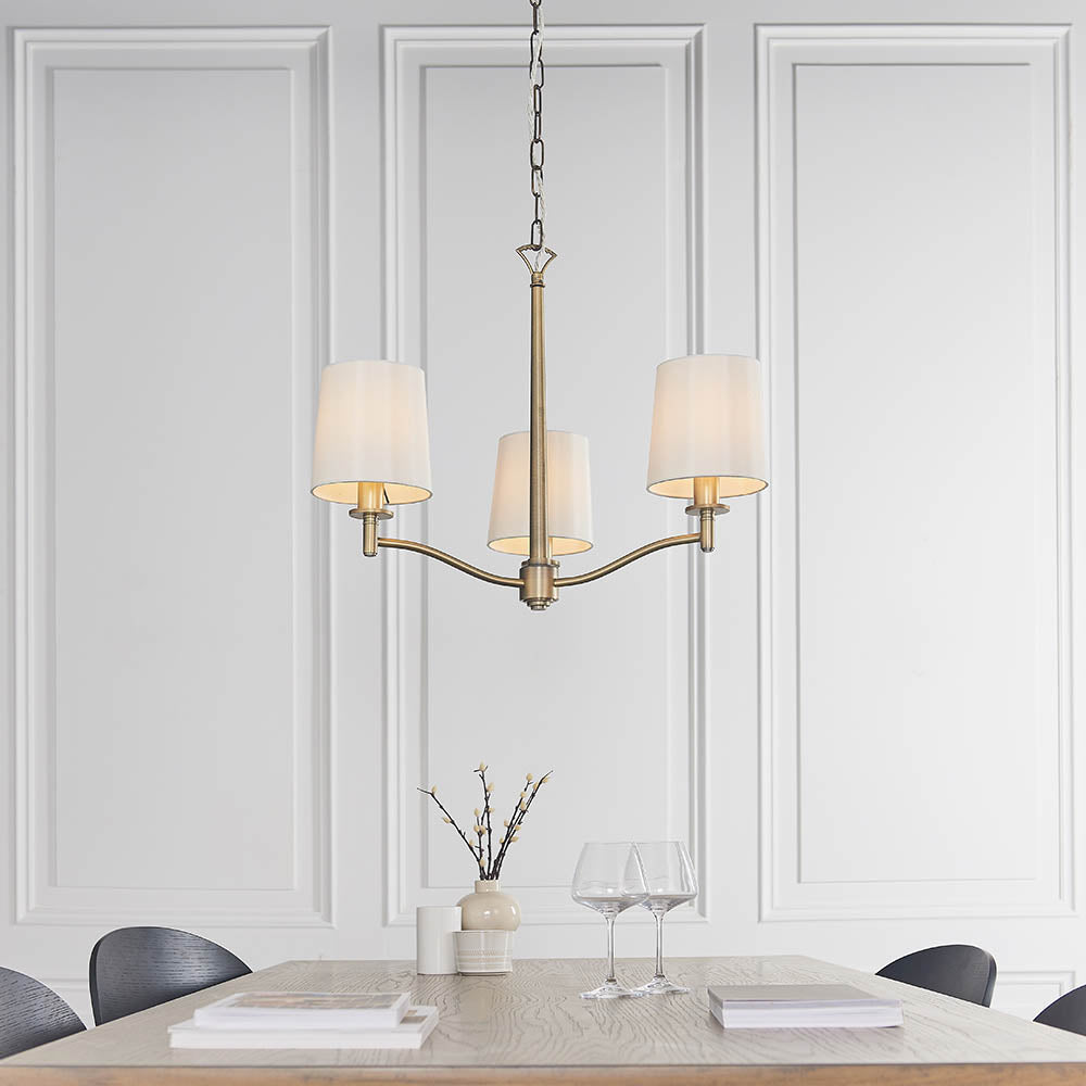 Endon Ortona 3 Light Pendant - Matt Antique Brass Plate & Vintage White Fabric