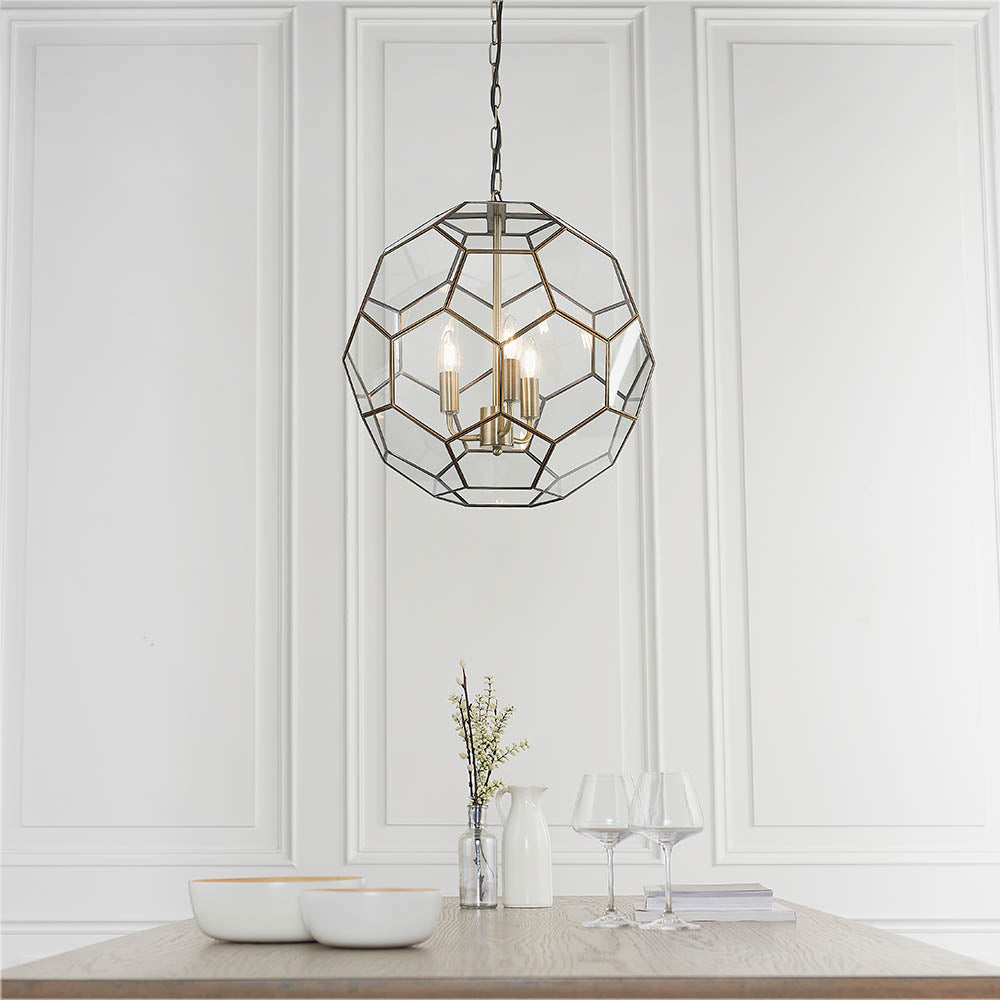 Endon Miele 3 Light Pendant - Antique Brass Plate & Clear Glass