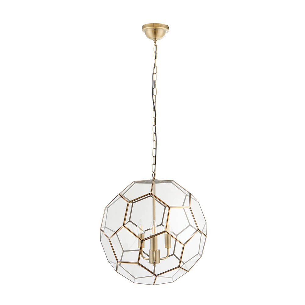 Endon Miele 3 Light Pendant - Antique Brass Plate & Clear Glass