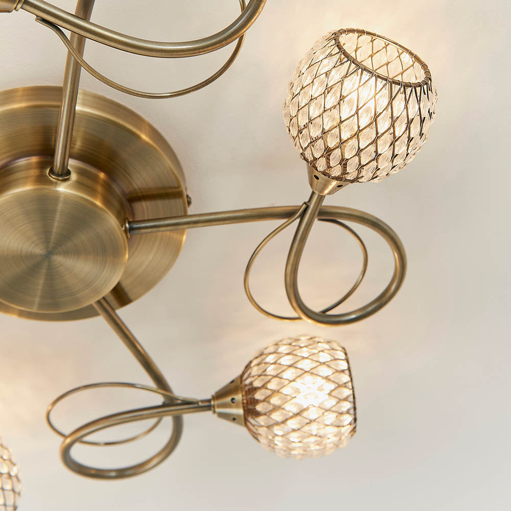 Endon Aherne 5 Light Semi Flush Fitting - Antique Brass Plate With Clear Glass & Brass Wire