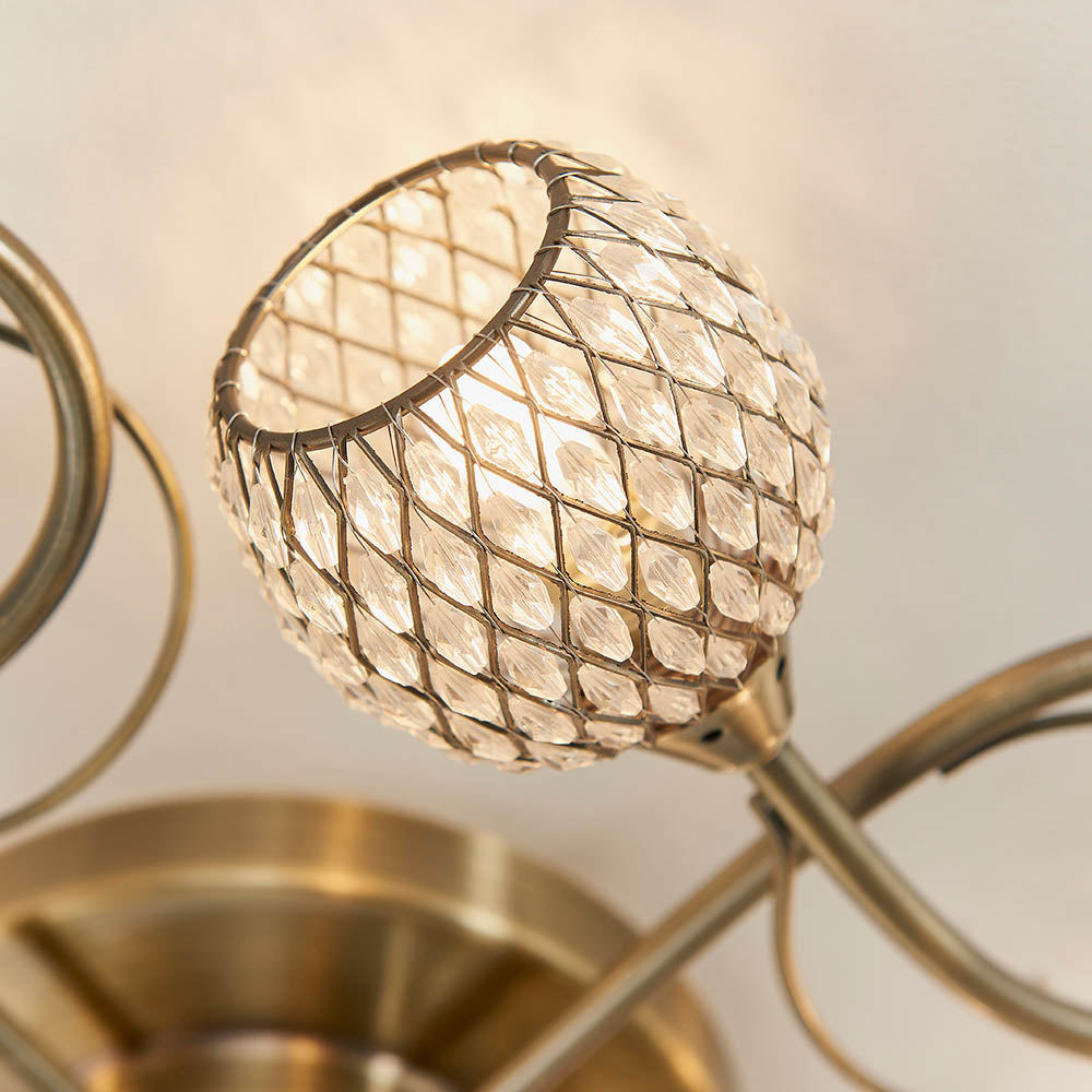 Endon Aherne 5 Light Semi Flush Fitting - Antique Brass Plate With Clear Glass & Brass Wire
