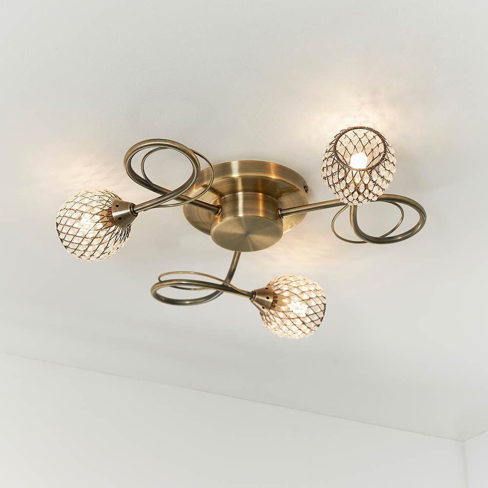 Endon Aherne 3 Light Semi Flush Fitting - Antique Brass Plate With Clear Glass & Brass Wire