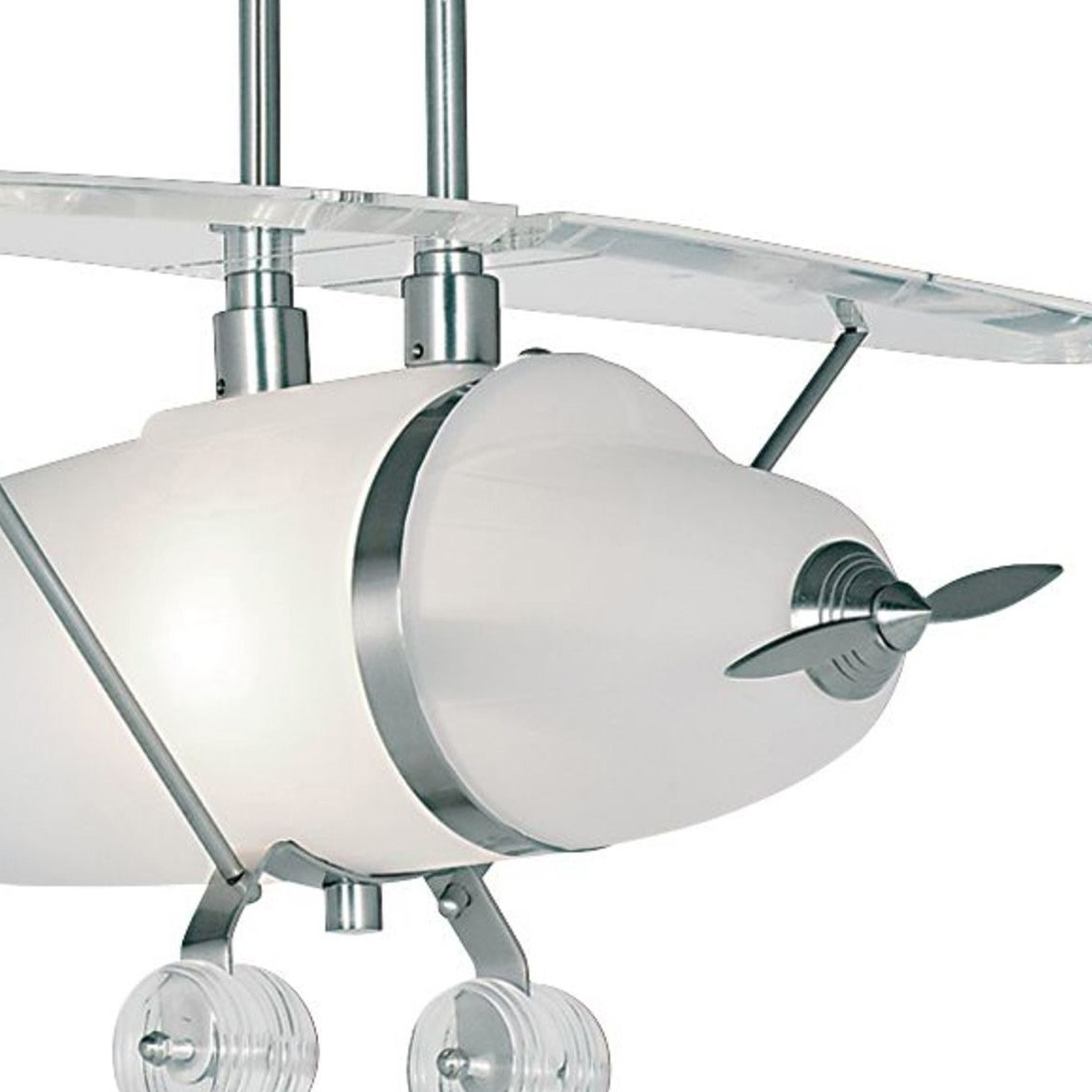 Close up of the propeller, frosted glass fuselage and satin silver detailing on the Novelty Airplane ceiling light