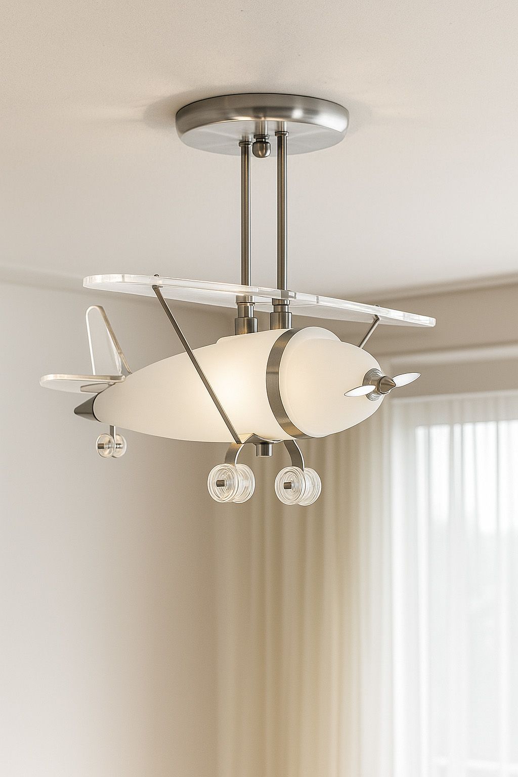 Novelty Airplane ceiling light in satin silver mounted close to the ceiling in a child's bedroom with curtains