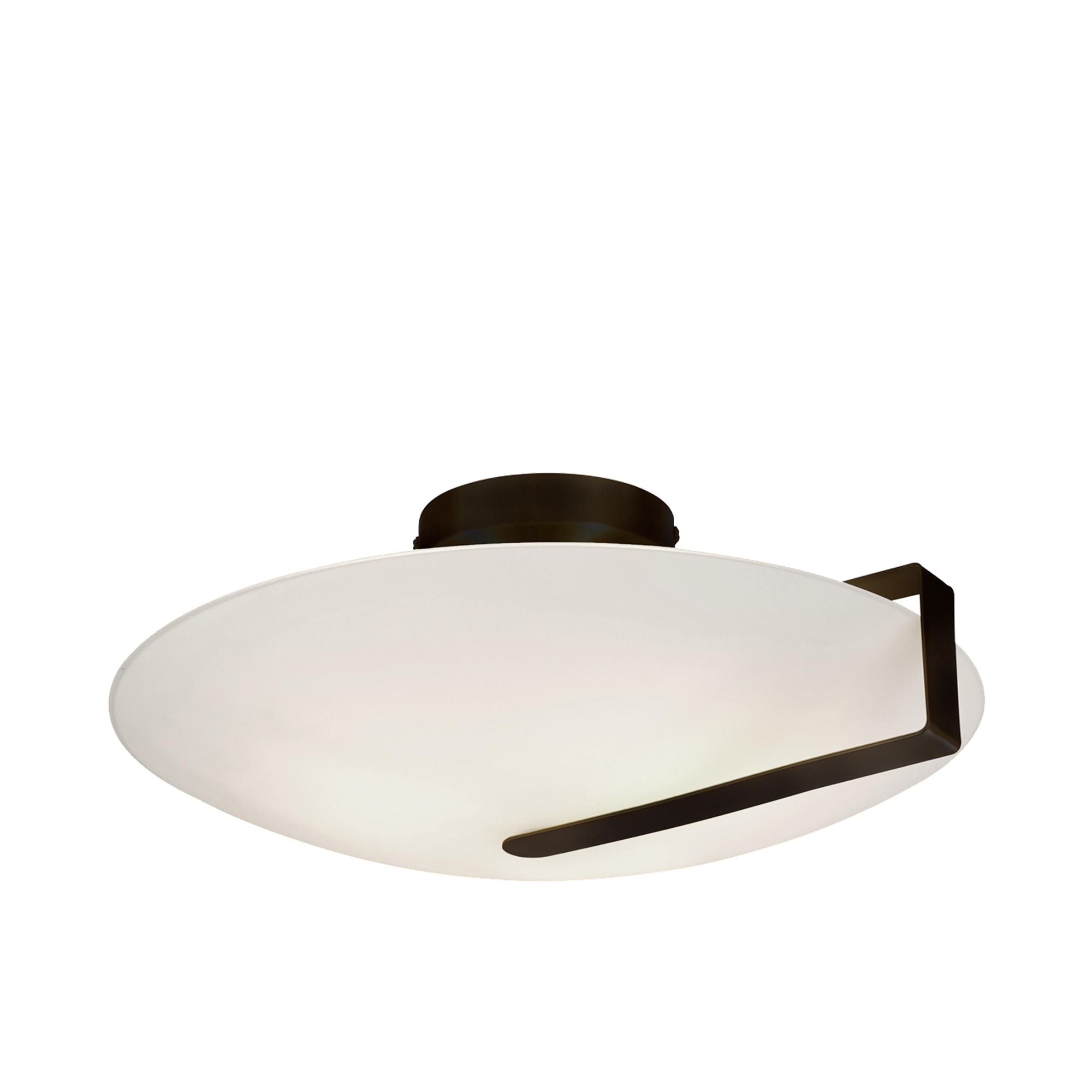 Searchlight Sundial flush ceiling light in black with frosted glass, straight on studio view of the frosted glass disc and black bracket