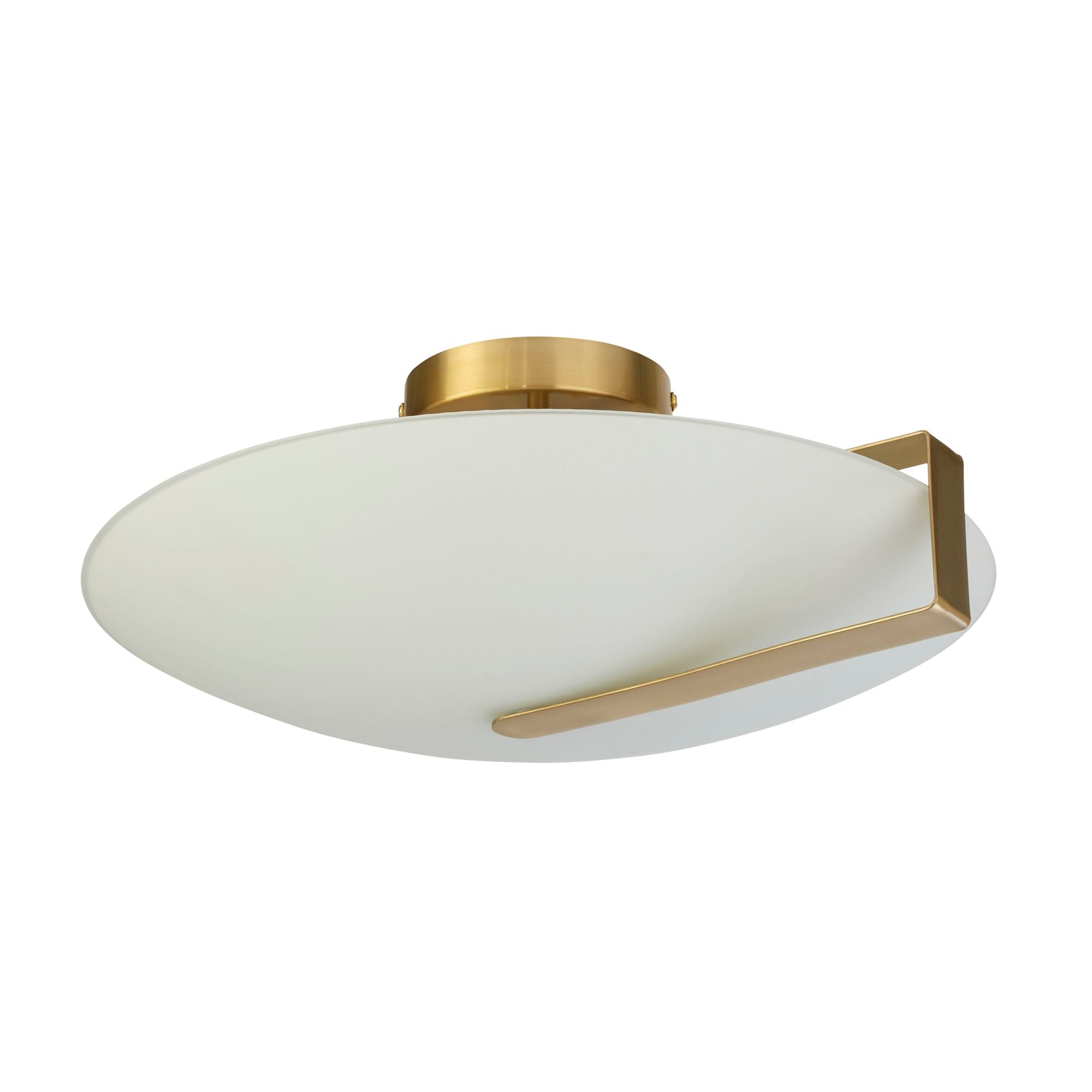 Searchlight Sundial flush ceiling light in gold with frosted glass, straight on studio view of the frosted glass disc and gold bracket