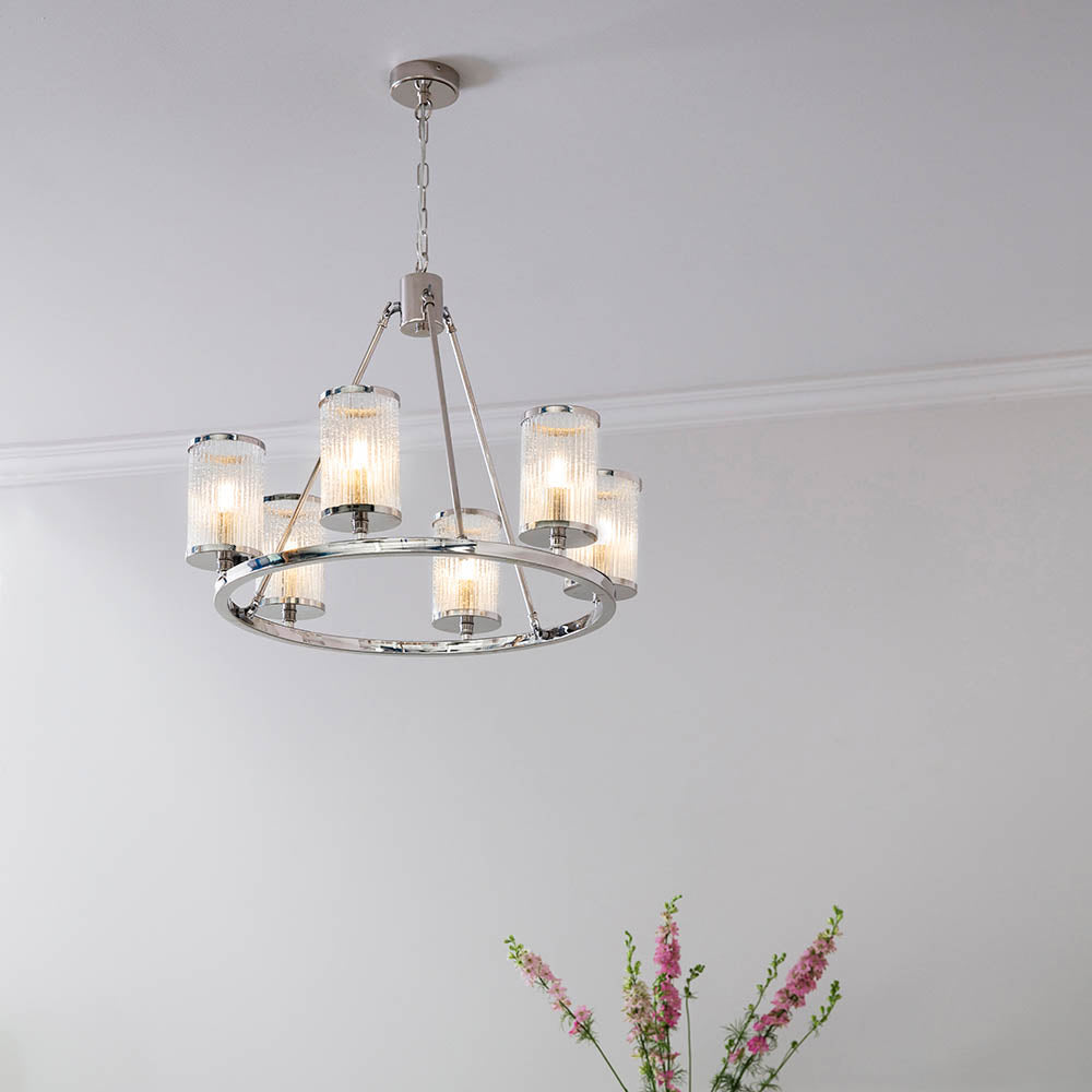 Endon Easton 6 Light Pendant - Bright Nickel Plate & Ribbed Bubble Glass