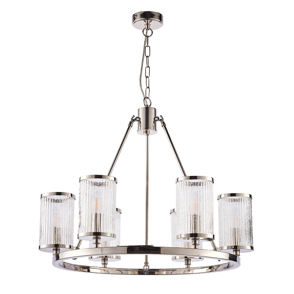 Endon Easton 6 Light Pendant - Bright Nickel Plate & Ribbed Bubble Glass